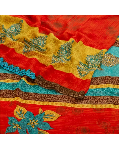Sanskriti Vintage Red Indian Sarees Georgette Sari 5Yd Floral Soft Craft Fabric, PRG-11124-Red-Printed Floral Design-Poly Georgette-10