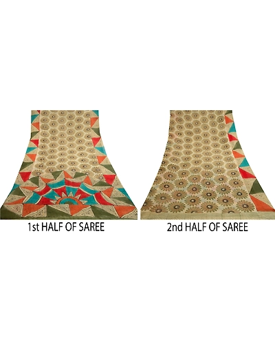 Sanskriti Vintage Green Sarees Pure Georgette Silk Printed Sari 5Yd Craft Fabric, PRG-11129-Green-Printed Floral Design-Pure Georgette Silk-5