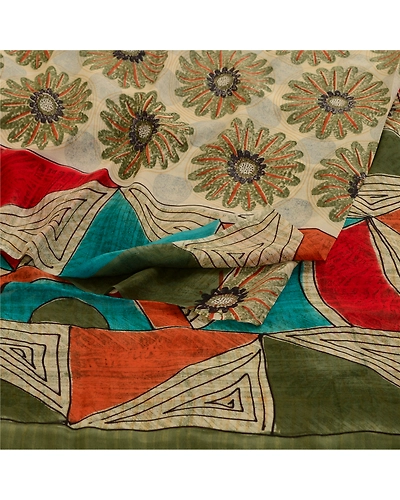 Sanskriti Vintage Green Sarees Pure Georgette Silk Printed Sari 5Yd Craft Fabric, PRG-11129-Green-Printed Floral Design-Pure Georgette Silk-7