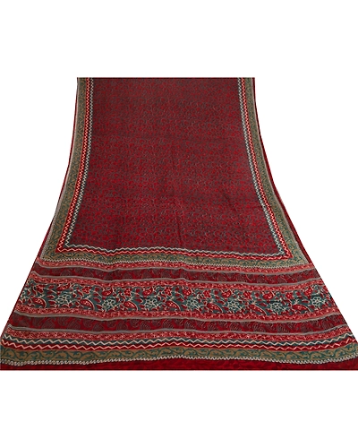 Sanskriti Vintage Dark Red Sarees Pure Georgette Silk Printed Sari Craft Fabric, PRG-11133-Dark Red-Printed Floral Design-Pure Georgette Silk-8