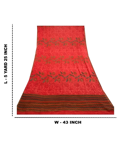 Sanskriti Vintage Red Sarees Pure Georgette Silk Printed Zari Sari Craft Fabric, PRG-11134-Red-Printed Floral Design-Pure Georgette Silk-3