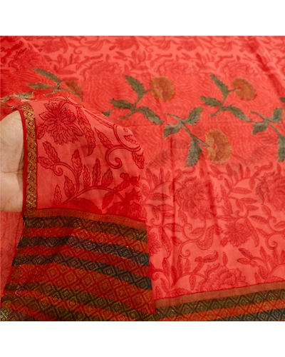 Sanskriti Vintage Red Sarees Pure Georgette Silk Printed Zari Sari Craft Fabric, PRG-11134-Red-Printed Floral Design-Pure Georgette Silk-4