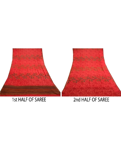 Sanskriti Vintage Red Sarees Pure Georgette Silk Printed Zari Sari Craft Fabric, PRG-11134-Red-Printed Floral Design-Pure Georgette Silk-5