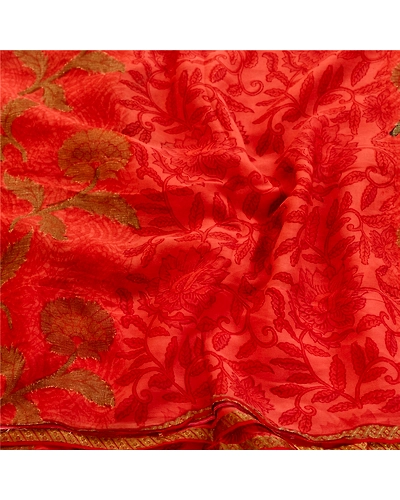 Sanskriti Vintage Red Sarees Pure Georgette Silk Printed Zari Sari Craft Fabric, PRG-11134-Red-Printed Floral Design-Pure Georgette Silk-6