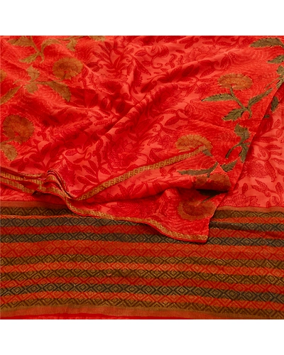 Sanskriti Vintage Red Sarees Pure Georgette Silk Printed Zari Sari Craft Fabric, PRG-11134-Red-Printed Floral Design-Pure Georgette Silk-7