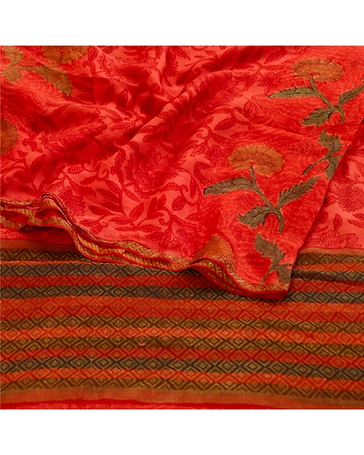 Sanskriti Vintage Red Sarees Pure Georgette Silk Printed Zari Sari Craft Fabric, PRG-11134-Red-Printed Floral Design-Pure Georgette Silk-9
