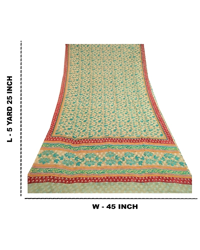 Sanskriti Vintage Green Printed Sarees Pure Georgette Silk Sari 5Yd Craft Fabric, PRG-11147-Green-Printed Floral Design-Pure Georgette Silk-3