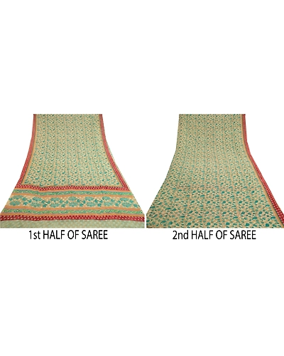 Sanskriti Vintage Green Printed Sarees Pure Georgette Silk Sari 5Yd Craft Fabric, PRG-11147-Green-Printed Floral Design-Pure Georgette Silk-5