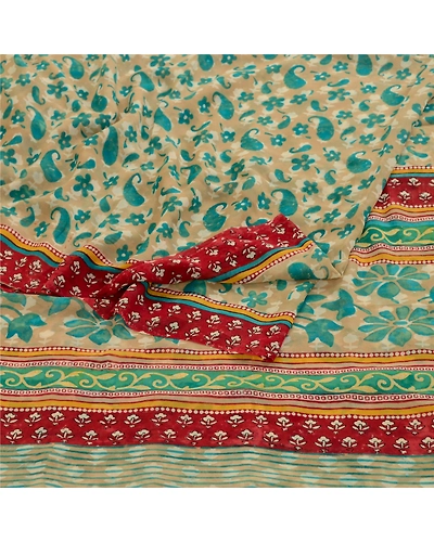 Sanskriti Vintage Green Printed Sarees Pure Georgette Silk Sari 5Yd Craft Fabric, PRG-11147-Green-Printed Floral Design-Pure Georgette Silk-7