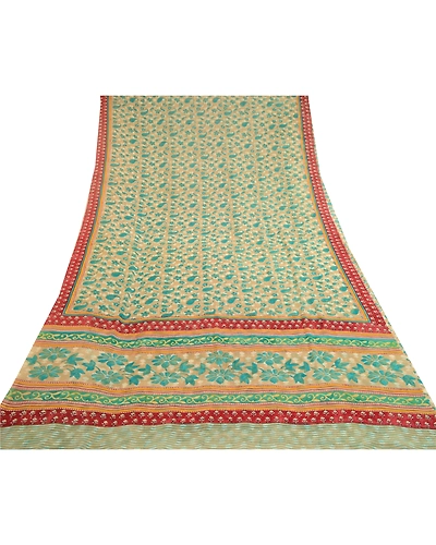 Sanskriti Vintage Green Printed Sarees Pure Georgette Silk Sari 5Yd Craft Fabric, PRG-11147-Green-Printed Floral Design-Pure Georgette Silk-8