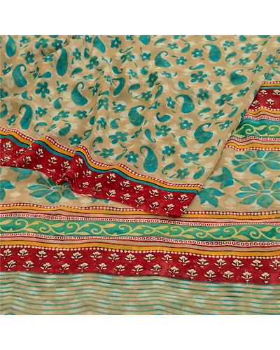 Sanskriti Vintage Green Printed Sarees Pure Georgette Silk Sari 5Yd Craft Fabric, PRG-11147-Green-Printed Floral Design-Pure Georgette Silk-9