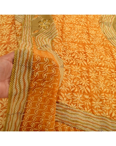 Sanskriti Vintage Mustard Printed Sarees Pure Georgette Silk Sari Craft Fabric, PRG-11151-Mustard-Printed Floral Design-Pure Georgette Silk-5