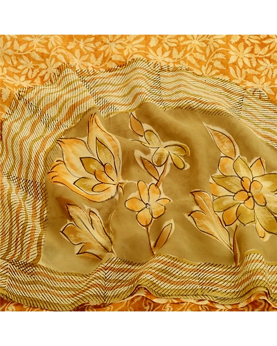 Sanskriti Vintage Mustard Printed Sarees Pure Georgette Silk Sari Craft Fabric, PRG-11151-Mustard-Printed Floral Design-Pure Georgette Silk-7
