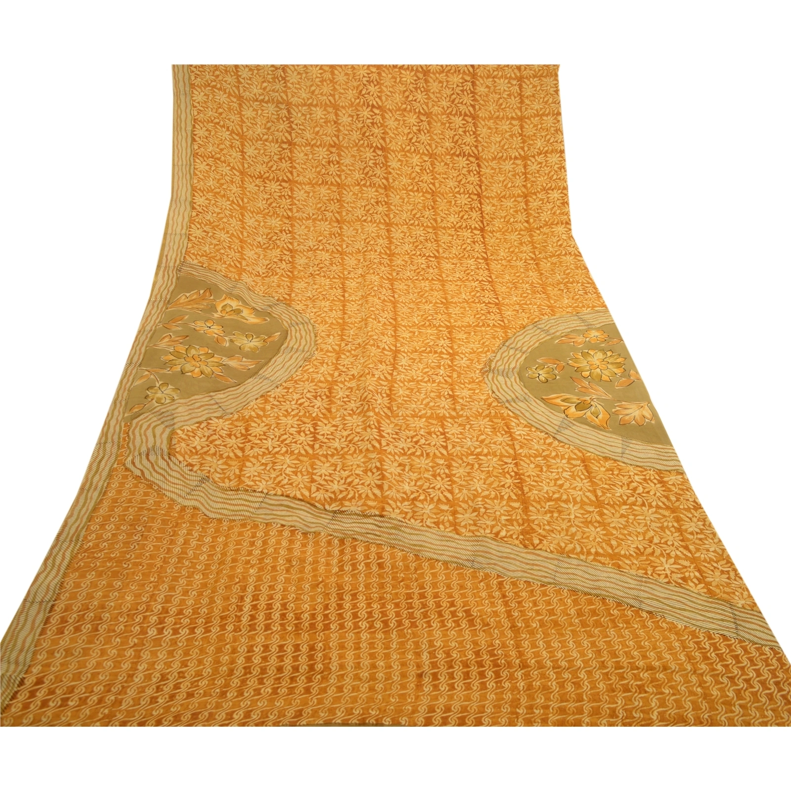 Sanskriti Vintage Mustard Printed Sarees Pure Georgette Silk Sari Craft Fabric, PRG-11151-Mustard-Printed Floral Design-Pure Georgette Silk-9