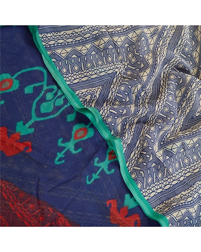 Sanskriti Vintage Blue Sarees Pure Georgette Silk Printed Sari 5Yd Craft Fabric, PRG-11152-Blue-Printed Floral Design-Pure Georgette Silk-1