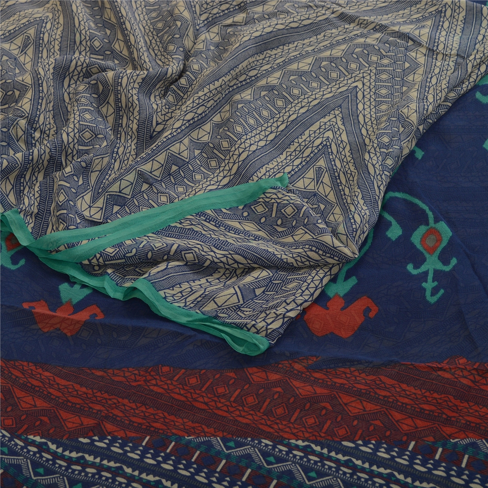 Sanskriti Vintage Blue Sarees Pure Georgette Silk Printed Sari 5Yd Craft Fabric, PRG-11152-Blue-Printed Floral Design-Pure Georgette Silk-8