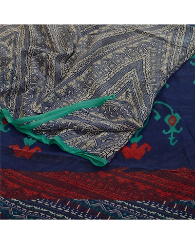 Sanskriti Vintage Blue Sarees Pure Georgette Silk Printed Sari 5Yd Craft Fabric, PRG-11152-Blue-Printed Floral Design-Pure Georgette Silk-8