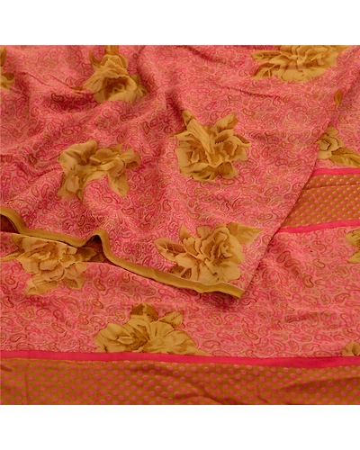 Sanskriti Vintage Pink Sarees Pure Georgette Silk Printed Sari Soft Craft Fabric, PRG-11162-Pink-Printed Floral Design-Pure Georgette Silk-1