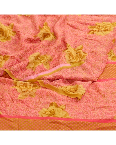 Sanskriti Vintage Pink Sarees Pure Georgette Silk Printed Sari Soft Craft Fabric, PRG-11162-Pink-Printed Floral Design-Pure Georgette Silk-2