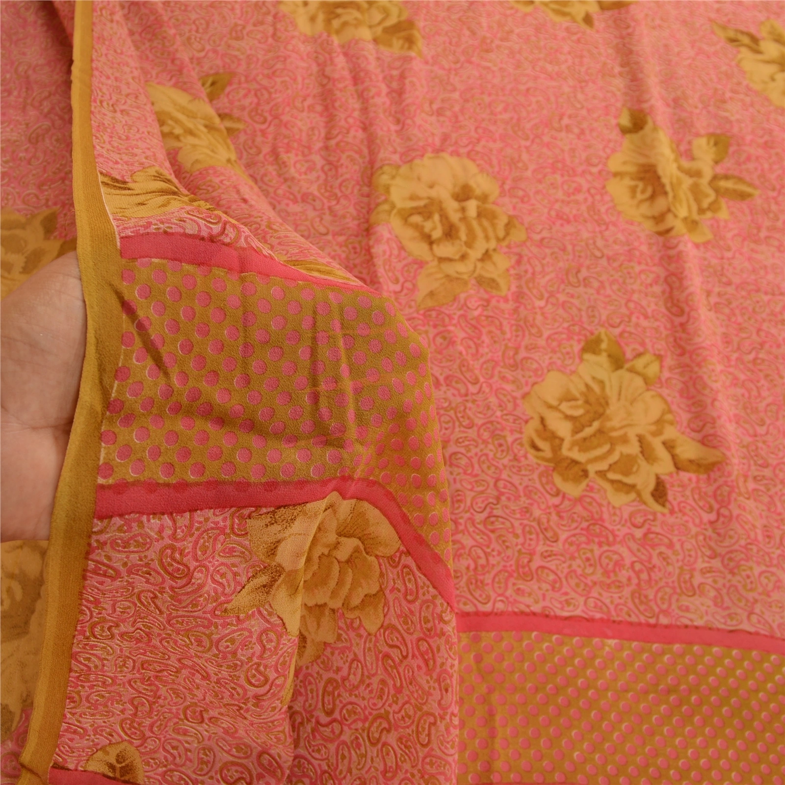 Sanskriti Vintage Pink Sarees Pure Georgette Silk Printed Sari Soft Craft Fabric, PRG-11162-Pink-Printed Floral Design-Pure Georgette Silk-3