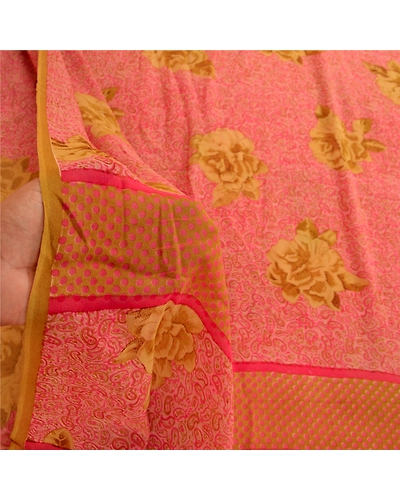 Sanskriti Vintage Pink Sarees Pure Georgette Silk Printed Sari Soft Craft Fabric, PRG-11162-Pink-Printed Floral Design-Pure Georgette Silk-3