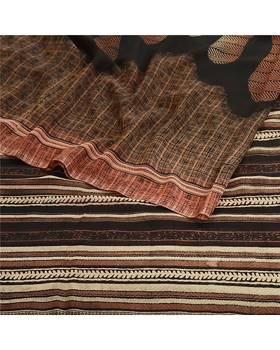 Sanskriti Vintage Indian Brown Sarees Georgette Printed Sari 5Yd Craft Fabric, PRG-11167-Brown-Printed Floral Design-Poly Georgette-1