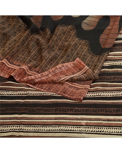 Sanskriti Vintage Indian Brown Sarees Georgette Printed Sari 5Yd Craft Fabric, PRG-11167-Brown-Printed Floral Design-Poly Georgette-2