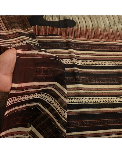 Sanskriti Vintage Indian Brown Sarees Georgette Printed Sari 5Yd Craft Fabric, PRG-11167-Brown-Printed Floral Design-Poly Georgette-3