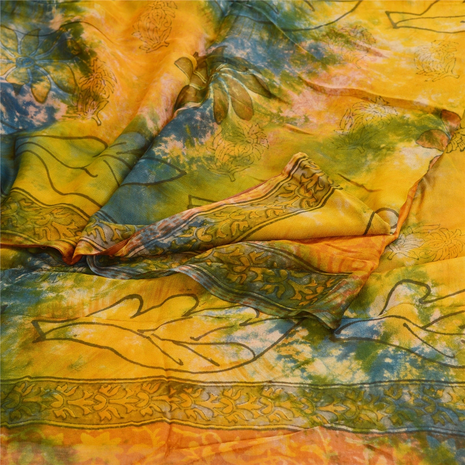 Sanskriti Vintage Saffron Tie-Dye Sarees Blend Georgette Sari Soft Craft Fabric, PRG-11169-Saffron-Printed Floral Design-Blend Georgett-2