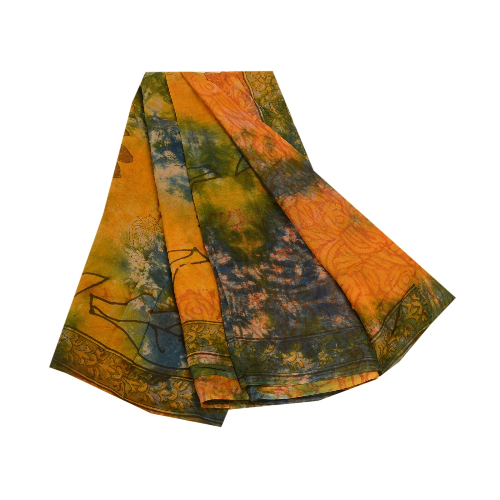 Sanskriti Vintage Saffron Tie-Dye Sarees Blend Georgette Sari Soft Craft Fabric, PRG-11169-Saffron-Printed Floral Design-Blend Georgett-7