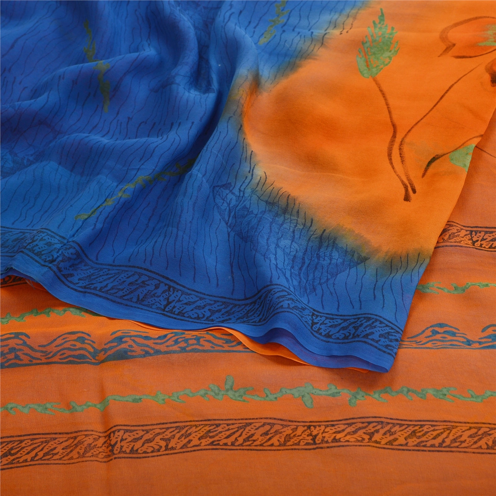 Sanskriti Vintage Blue Sarees Pure Georgette Silk Printed Sari 5Yd Craft Fabric, PRG-11172-Blue-Printed Floral Design-Pure Georgette Silk-1