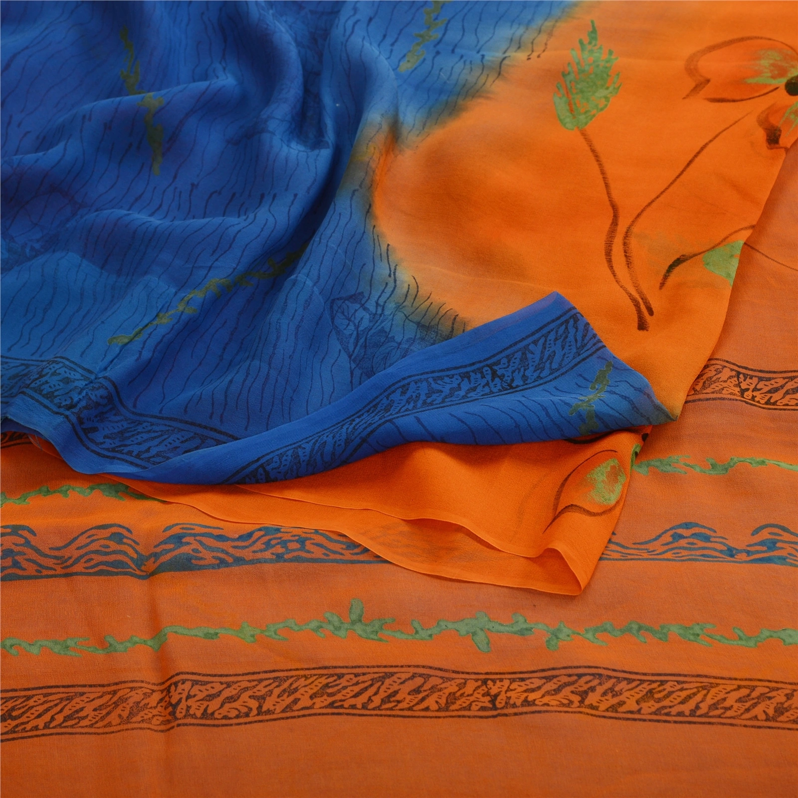 Sanskriti Vintage Blue Sarees Pure Georgette Silk Printed Sari 5Yd Craft Fabric, PRG-11172-Blue-Printed Floral Design-Pure Georgette Silk-2