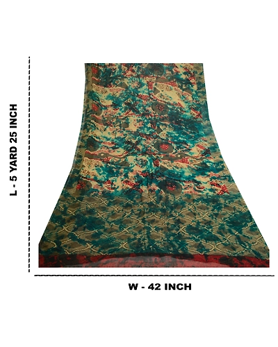 Sanskriti Vintage Green Tie-Dye Sarees Pure Chiffon Silk Print Sari Craft Fabric, PRG-11176-Green-Printed Floral Design-Pure Chiffon Silk-3