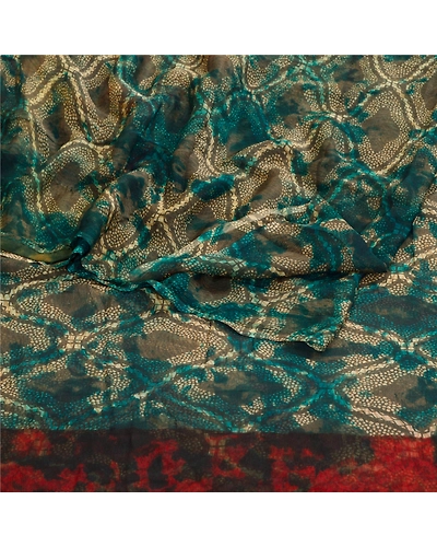 Sanskriti Vintage Green Tie-Dye Sarees Pure Chiffon Silk Print Sari Craft Fabric, PRG-11176-Green-Printed Floral Design-Pure Chiffon Silk-7