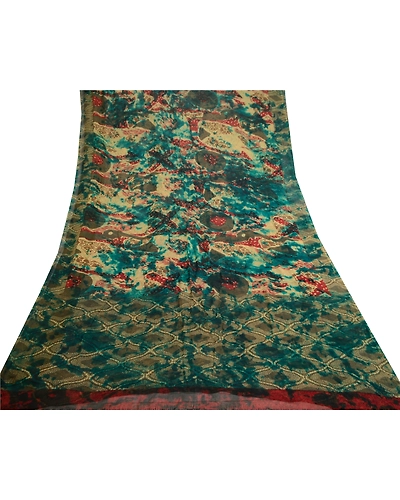 Sanskriti Vintage Green Tie-Dye Sarees Pure Chiffon Silk Print Sari Craft Fabric, PRG-11176-Green-Printed Floral Design-Pure Chiffon Silk-8