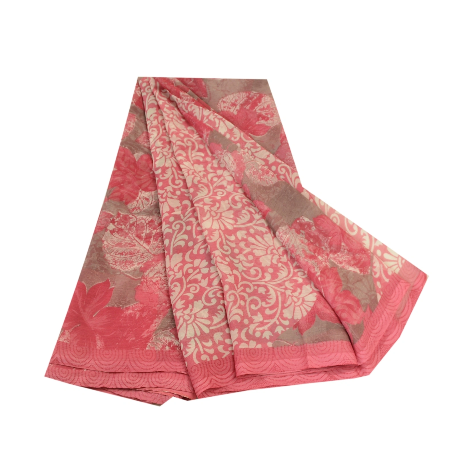 Sanskriti Vintage Pink Indian Sarees Chiffon Printed Sari Floral Craft Fabric, PRG-11184-Pink-Printed Floral Design-Poly Chiffon-2