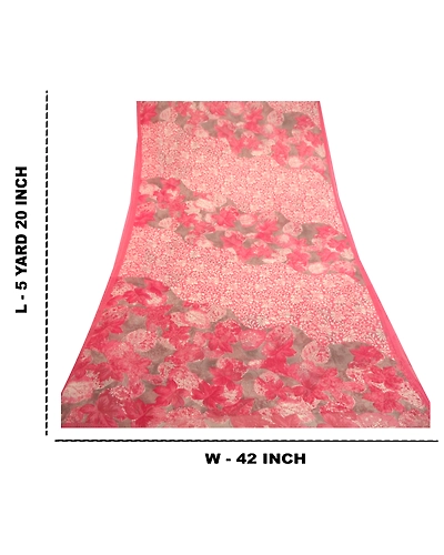 Sanskriti Vintage Pink Indian Sarees Chiffon Printed Sari Floral Craft Fabric, PRG-11184-Pink-Printed Floral Design-Poly Chiffon-3