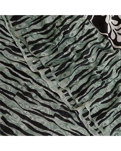 Sanskriti Vintage Green Sarees Pure Georgette Silk Printed Sari 5Yd Craft Fabric, PRG-11195-Green &amp; Black-Printed Floral Design-Pure Georgette Silk-1