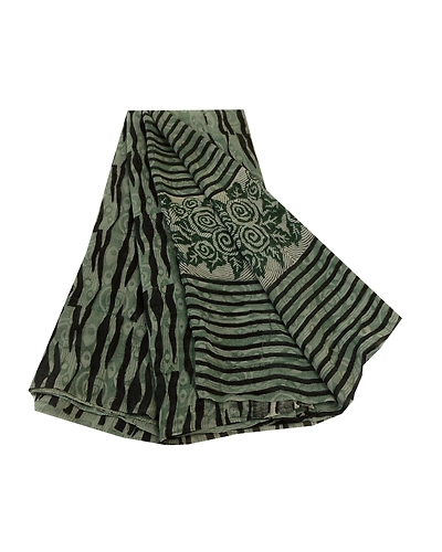 Sanskriti Vintage Green Sarees Pure Georgette Silk Printed Sari 5Yd Craft Fabric, PRG-11195-Green &amp; Black-Printed Floral Design-Pure Georgette Silk-2
