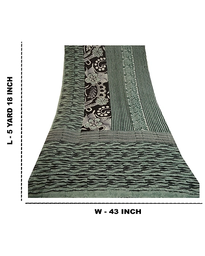 Sanskriti Vintage Green Sarees Pure Georgette Silk Printed Sari 5Yd Craft Fabric, PRG-11195-Green &amp; Black-Printed Floral Design-Pure Georgette Silk-3
