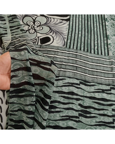 Sanskriti Vintage Green Sarees Pure Georgette Silk Printed Sari 5Yd Craft Fabric, PRG-11195-Green &amp; Black-Printed Floral Design-Pure Georgette Silk-4