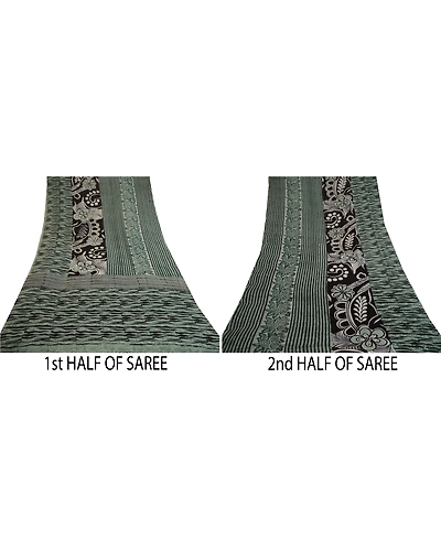 Sanskriti Vintage Green Sarees Pure Georgette Silk Printed Sari 5Yd Craft Fabric, PRG-11195-Green &amp; Black-Printed Floral Design-Pure Georgette Silk-5