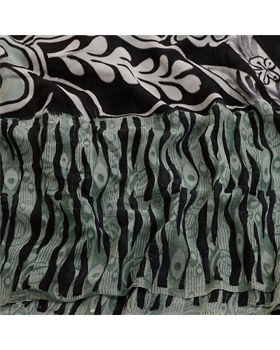 Sanskriti Vintage Green Sarees Pure Georgette Silk Printed Sari 5Yd Craft Fabric, PRG-11195-Green &amp; Black-Printed Floral Design-Pure Georgette Silk-6