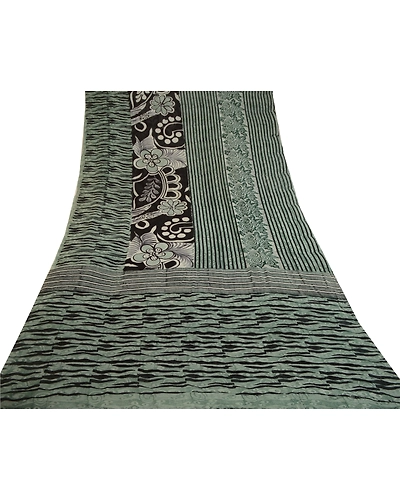 Sanskriti Vintage Green Sarees Pure Georgette Silk Printed Sari 5Yd Craft Fabric, PRG-11195-Green &amp; Black-Printed Floral Design-Pure Georgette Silk-8