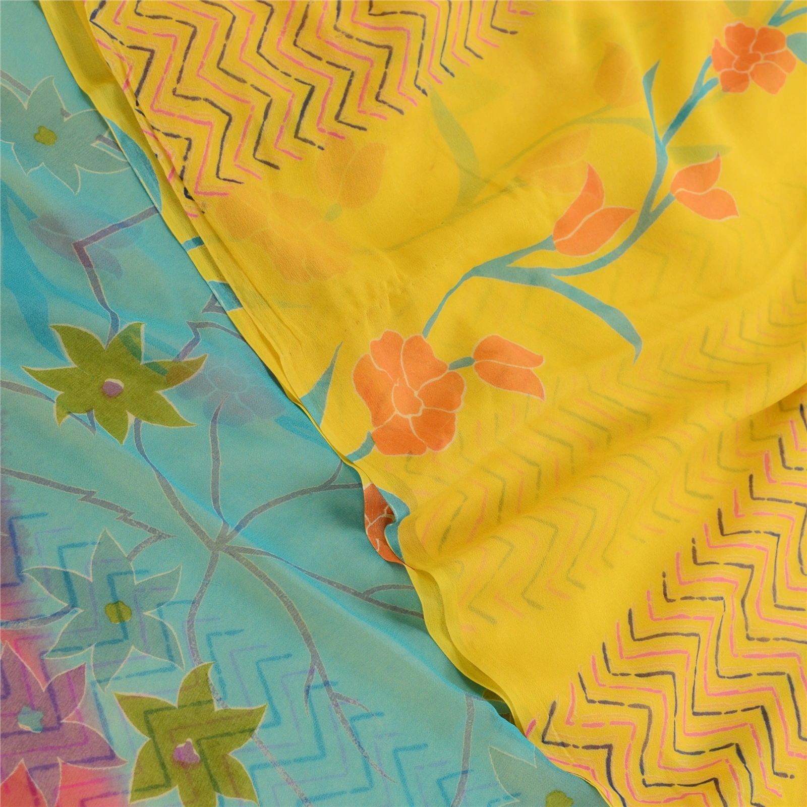 Sanskriti Vintage Yellow Sarees Pure Georgette Silk Printed Sari Craft Fabric, PRG-11208-Yellow-Printed Floral Design-Pure Georgette Silk-1