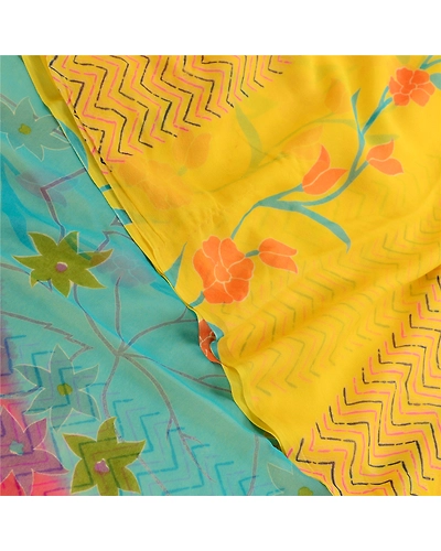 Sanskriti Vintage Yellow Sarees Pure Georgette Silk Printed Sari Craft Fabric, PRG-11208-Yellow-Printed Floral Design-Pure Georgette Silk-1
