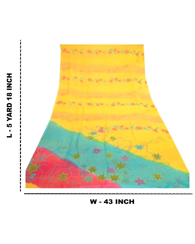 Sanskriti Vintage Yellow Sarees Pure Georgette Silk Printed Sari Craft Fabric, PRG-11208-Yellow-Printed Floral Design-Pure Georgette Silk-4