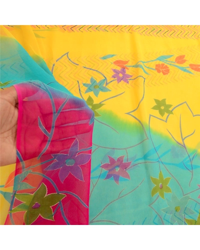 Sanskriti Vintage Yellow Sarees Pure Georgette Silk Printed Sari Craft Fabric, PRG-11208-Yellow-Printed Floral Design-Pure Georgette Silk-5