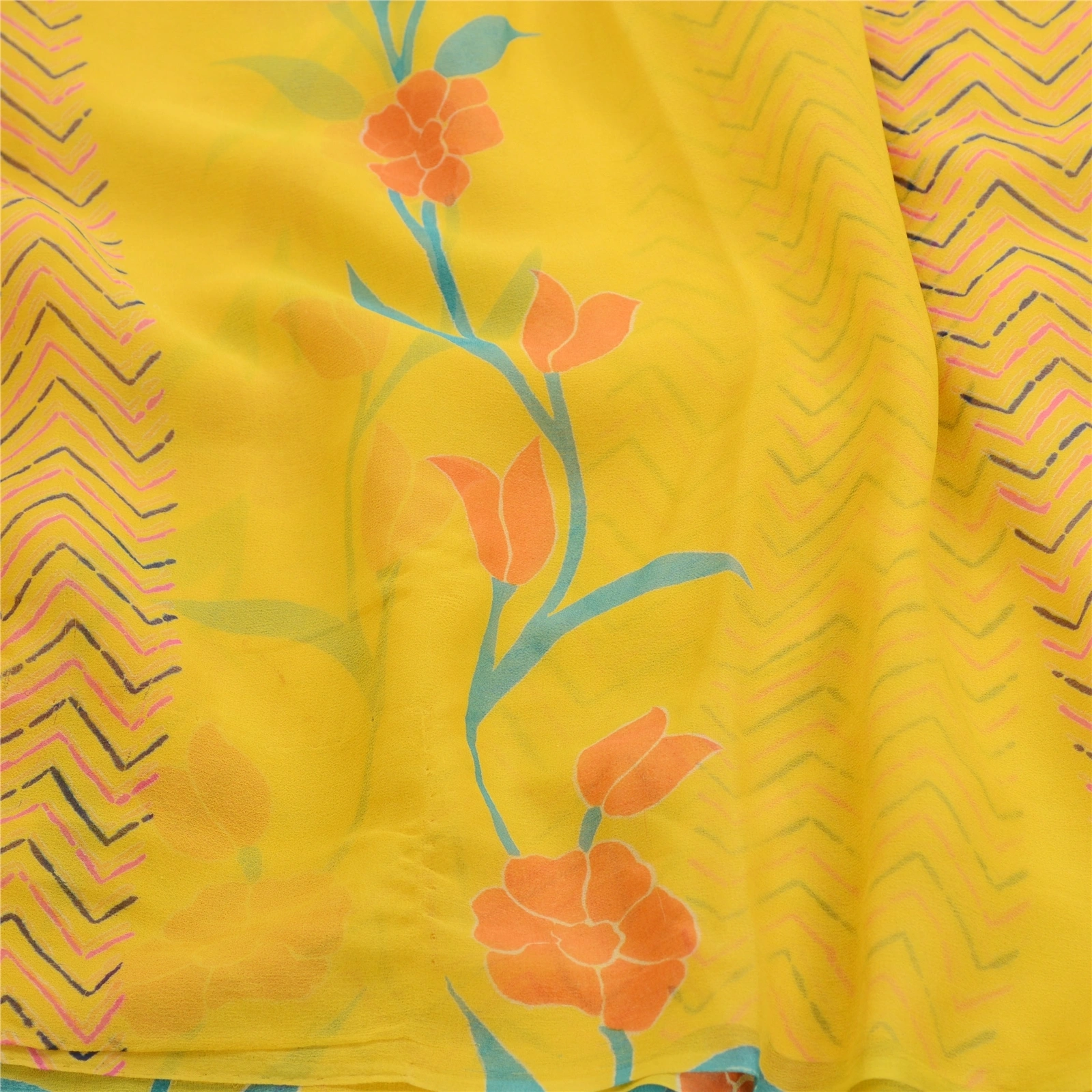 Sanskriti Vintage Yellow Sarees Pure Georgette Silk Printed Sari Craft Fabric, PRG-11208-Yellow-Printed Floral Design-Pure Georgette Silk-7