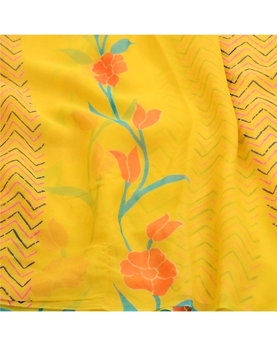 Sanskriti Vintage Yellow Sarees Pure Georgette Silk Printed Sari Craft Fabric, PRG-11208-Yellow-Printed Floral Design-Pure Georgette Silk-7